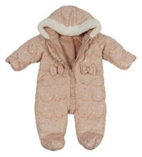 Světlerůžová prošívaná šusťáková zimní kombinéza se zlatými hvězdičkami a mašlemi a volánkem a kapucí s kožešinou Matalan