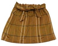 Hnedo-čierno-bielo-staroružová kockovaná vzorovaná paper bag úpletová sukňa so zavazováním BLUE QUEEN