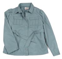 Šedomodrá koženková podšitá košilová bunda s páskem THREADGIRLS