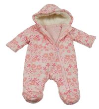 Světlerůžová květovaná prošívaná manšestrová zateplená kombinéza s kapucí St. Bernard