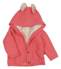 Korálový pletený propínací zateplený svetr s kapucí s oušky F&F