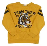 Horčicová mikina s tygrem z flitrů a nápismi a číslom a pruhmi H&M