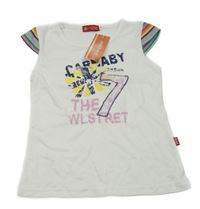 Nové - bílo-barevné tričko s číslem a nápisy 