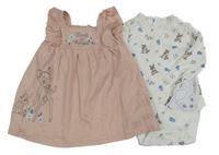 Nové - 2Set - Pudrové šaty s Bambim a volánky + bílé žebrované body s Thumperem PRIMARK