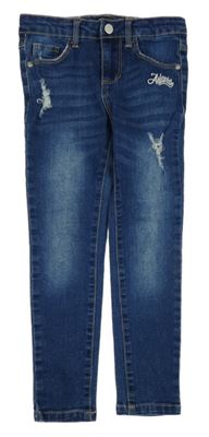 Modré skinny teplákové rifle s nápisem a prošoupáním RESERVED