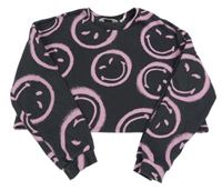 Tmavosivá oversize crop mikina s ružovymi smajlíky H&M