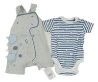 Nové - 2Set - Světlešedé melírované laclové kraťasy s dinosaurem + modro-bílé pruhované body Mothercare