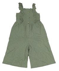 Khaki bavlnený culottes overal s volániky s madeirou George