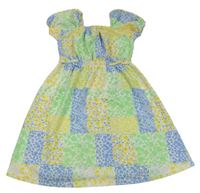 Bílo-modro-žluto-zelené květované patchwork šaty Matalan