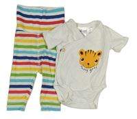 2set - Bílé zavinovací body s tygrem + bílo-barevné pruhované lehké tepláky H&M