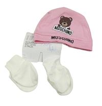 3set - Ružová bavlnená čapica s medvědem Moschino + 2x smetanové rukavičky