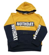 Okrovo-tmavomodrá mikina s nápisom a kapucňou