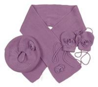 3set - Levandulový baret s mašlí + šála + palcové rukavice na šňůře
