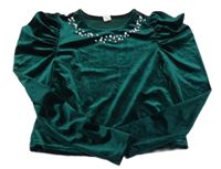 Tmavozelené zamatové tričko s perlami Shein