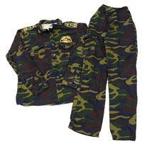 2set - Khaki-tmavomodro-hnědá army plátěná košilová bunda s výšivkou + kalhoty