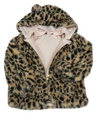Hnedo-čierna kožušinová podšitá bunda s leopardím vzorom a kapucňou H&M