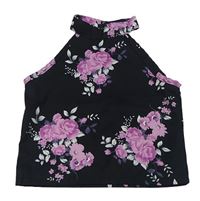 Čierno-ružový kvetovaný crop top