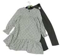 Nové - 2 set - tmavošedé žebrované legíny + šedé puntíkaté úpletové šaty 