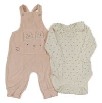 2 set - bílé puntíkaté body + růžové sametové laclové tepláky s čumákem Next