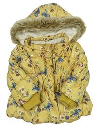 Žltá kvetovaná šušťáková zimná bunda s kapucňou Next