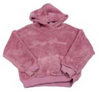 Růžová chlupatá mikina s nápisem a kapucí DKNY