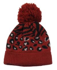 Cihlovo-černá čepice s pruhy a leopardím vzorem a bambulí George