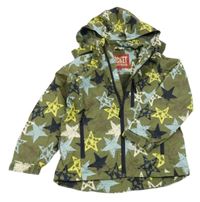 Khaki-žluto-modrá šusťáková jarní bunda s hvězdami a kapucí 