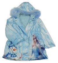 Světlemodro-biela šušťáková zateplená parka s princeznou a kapucňou s kožešinou