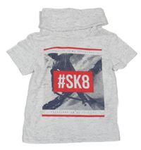 Svetlosivé melírované tričko so skejťákem a golierom Primark