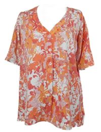 Dámský oranžovo-růžový květovaný propínací svetr s krátkými rukávy D&Co