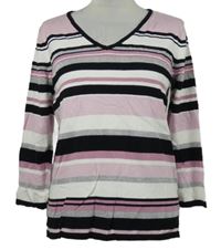 Dámsky ružovo-čierno-biely pruhovaný ľahký sveter M&S