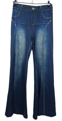 Dámské tmavomodré zvonové teplákové kalhoty riflového vzhledu 