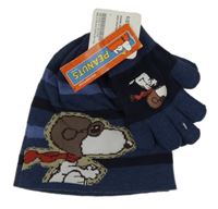 Nové - 2set - Tmavomodrá pruhovaná čepice + rukavice se Snoopym Peanuts