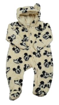 Béžová chlpatá podšitá kombinéza s Mickey Mousem a kapucňou H&M