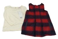 -Nové 2set- tmavomodro-červené kockované šaty+ smotanové tričko F&F