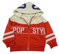 Smetanovo-červená ľahká prepínaci mikina s nápisom a kapucňou