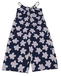 Tmavomodrý kalhotový overal s květinami Tu