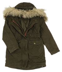 Khaki plátěná zateplená parka s kožešinou na kapuci 