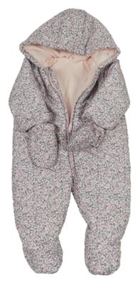 Světlerůžová květinová šusťáková zimní kombinéza s kapucí+ rukavice Mothercare