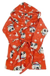 Červený puntíkatý chlupatý župan s pandami a kapucí 