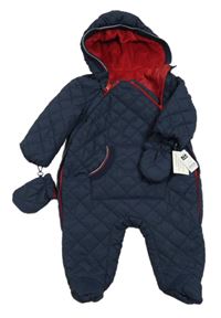 Nové - Tmavomodrá šusťáková prošívaná zateplená kombinéza s kapucí+ rukavice Dunnes