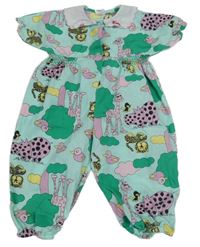 Mentolovo-zelený overal s ptáčky a límečkem