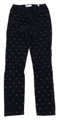 Tmavomodré elastické manšestráky so zlatými srdiečkami H&M