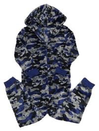 Modro-šedá army chlupatá kombinéza s kapucí 