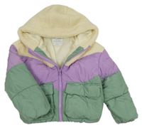 Zeleno-lila-smetanová šusťákovo/huňatá zimní bunda s kapucí Primark