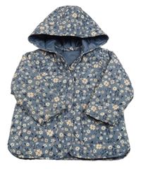 Modrošedá šušťáková prešívaná zateplená bunda s kvietkami a kapucňou So Cute