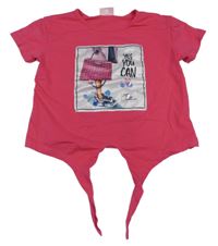 Ružové crop oversize tričko s potlačou a zavazováním Alouette