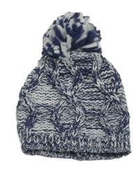 Tmavomodro-bílá melírovaná vzorovaná pletená čepice s bambulí Nicole Miller