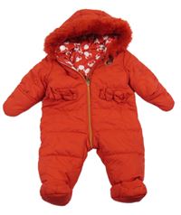 Červená prošívaná šusťáková zimní kombinéza s Minnie a mašlemi a kapucí s kožešinou George