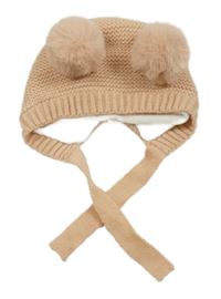 Pudrová pletená zavazovací čepice s bambulemi